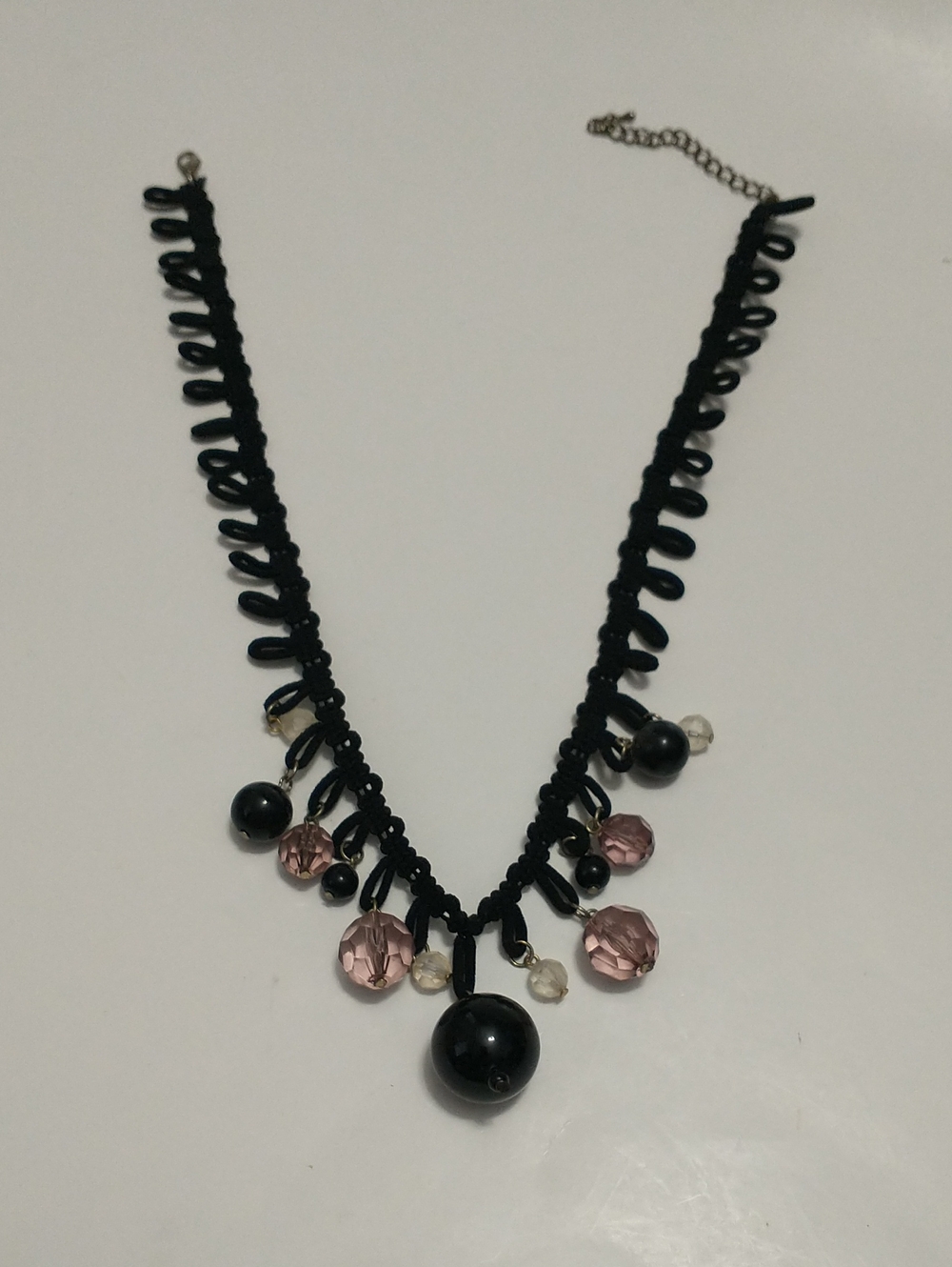 Black Beaded Fringe Necklace with Pink Accents